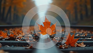 Maple Leaf on Train Tracks