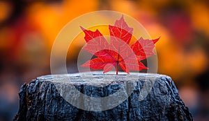 Maple leaf on tree stump