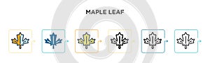 Maple leaf vector icon in 6 different modern styles. Black, two colored maple leaf icons designed in filled, outline, line and