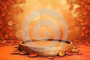 Maple leaves with gold bokeh glowing background and minimal round stage on a orange table for Thanksgiving product mockup and