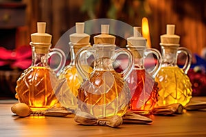 maple syrup bottles with different grades on a wooden table