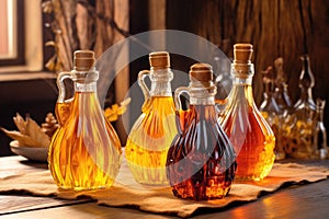 maple syrup bottles with different grades on a wooden table