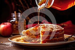 maple syrup pouring onto a slice of warm apple pie