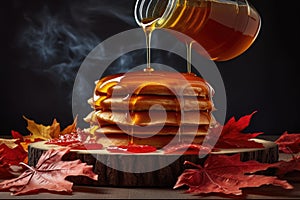 maple syrup pouring onto a stack of pancakes