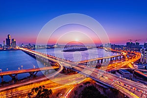 Mapo bridge and Seoul cityscape in Korea. photo