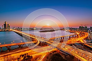 Mapo bridge and Seoul cityscape in Korea. photo