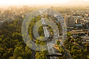 Mapocho River and Forestal Park at downtown with the neighborhoods of Patronato, Bellas Artes and Bellavista, Santiago