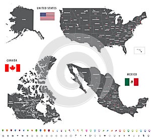 Maps of Canada, United States and Mexico with flags and location navigation icons.