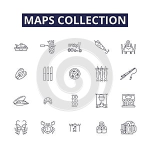 Maps collection line vector icons and signs. Mapping, Atlases, Topography, Geography, Charts, Surveys, Globes