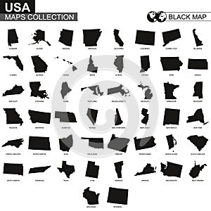 Maps collection of USA states, black contour maps of US state