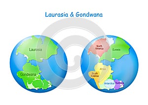 Maps Laurasia and Gondwana, continental borders, and ocean Tethys photo