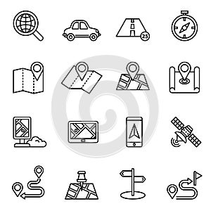 Maps, location and navigation icon set with white background. Thin line style stock vector.