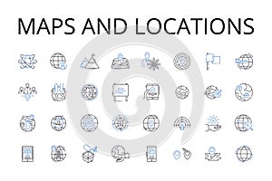 Maps and locations line icons collection. Cartography, Geolocation, Topography, Atlas, Navigation, Terrain, Geocaching