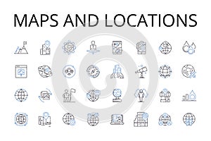 Maps and locations line icons collection. Cartography, Geolocation, Topography, Atlas, Navigation, Terrain, Geocaching