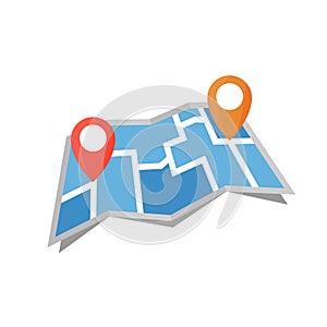 Maps navigation with red and blue color point markers and compass design background, vector illustration