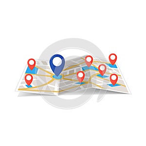 Maps navigation with red and blue color point markers and compass design background, vector illustration