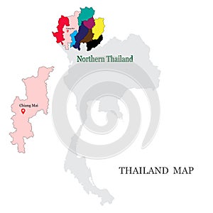 Maps of Northern Thailand with 9 Province in different colors, Chiang mai, Chiang rai, Phrae, Phayao, Lampang, Lamphun,