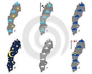 Maps of Sweden with various weather symbols