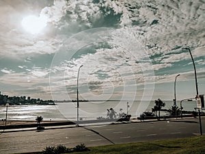 Mar del Plata, Buenos Aires, Argentina. June 12 photo of the coast with a cloudy sky and nobody. Concept of lockdown in the