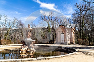 Mar 2019 - La Granja de San Ildefonso, Segovia, Spain - Fuente de Las Tres Gracias in the gardens of la Granja in Winter. photo
