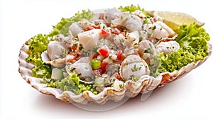 Ceviche in a Scallop Shell on a White Background