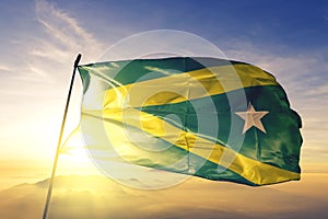 Maraba of Brazil flag waving on the top sunrise mist fog photo