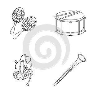 Maracas, drum, Scottish bagpipes, clarinet. Musical instruments set collection icons in outline style vector symbol