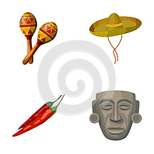 Maracas national musical instrument, sambrero traditional Mexican headdress, red pepper, bitter, idol-deity.Mexico photo