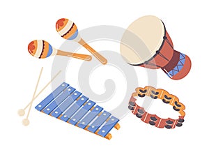 Maracas, xylophone, ethnic drum, tambourine percussion musical instrument isolated set on white