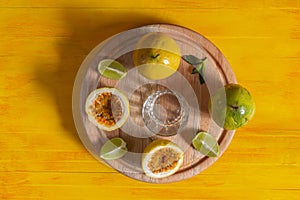 Maracuja, passion fruit on wood table in top view