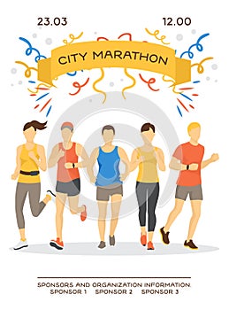 Maraphon running people vector illustration. Sport running group concept. People athlete maraphon runner race, various
