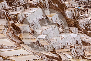 Maras salt evaporation ponds in the salt mines in Cusco city the Sacred Valley, Peru