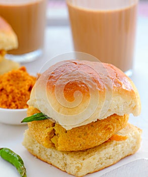 Marathi Breakfast- Vada Pav and chai photo