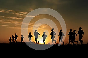 Marathon black silhouettes of runners on the sunrise, neural network generated image