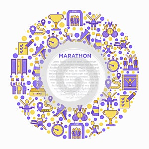 Marathon concept in circle with thin line icons: runner, start, finish, running shoes, bottle of water, route, award, changing