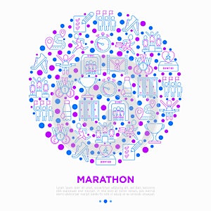 Marathon concept in circle with thin line icons: runner, start, finish, running shoes, bottle of water, route, award, changing