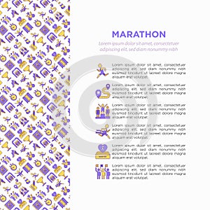 Marathon concept with thin line icons: runner, start, finish, running shoes, bottle of water, route, award, changing room, memory