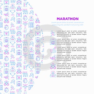 Marathon concept with thin line icons: runner, start, finish, running shoes, bottle of water, route, award, changing room, memory