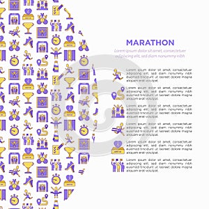 Marathon concept with thin line icons: runner, start, finish, running shoes, bottle of water, route, award, changing room, memory