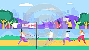 Marathon finish runners, running competition, athlete sprinter sportive people run line vector illustration.