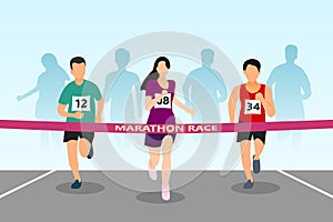 Marathon race illustration with people running and finish line. Front view. Vector illustration