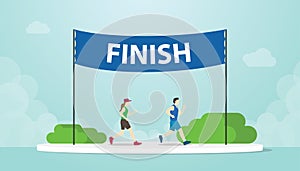 Marathon run with men and woman running on finish banner with modern flat style - vector