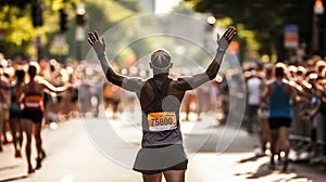 Marathon runner crossing the finish line. Generative AI