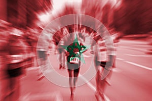 Marathon runner motion blur with blending Morocco flag