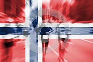 Marathon runner motion blur with blending Norway flag