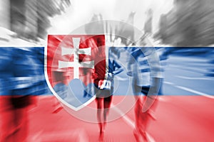 Marathon runner motion blur with blending Slovakia flag