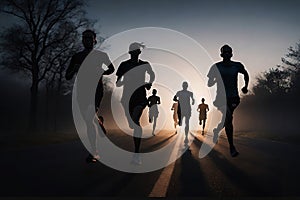 Marathon runner running on city road at sunset. Group of people running on road at night.