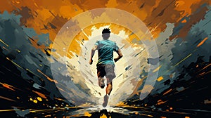 A marathon runner at the starting line of a race, abstract digital art, duotone blue and yellow, AI generated