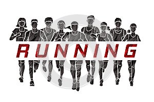 Marathon runners, Group of Men and Women running with text running