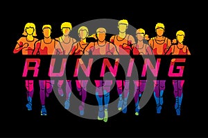 Marathon runners, Group of people running, Men and Women running with text running
